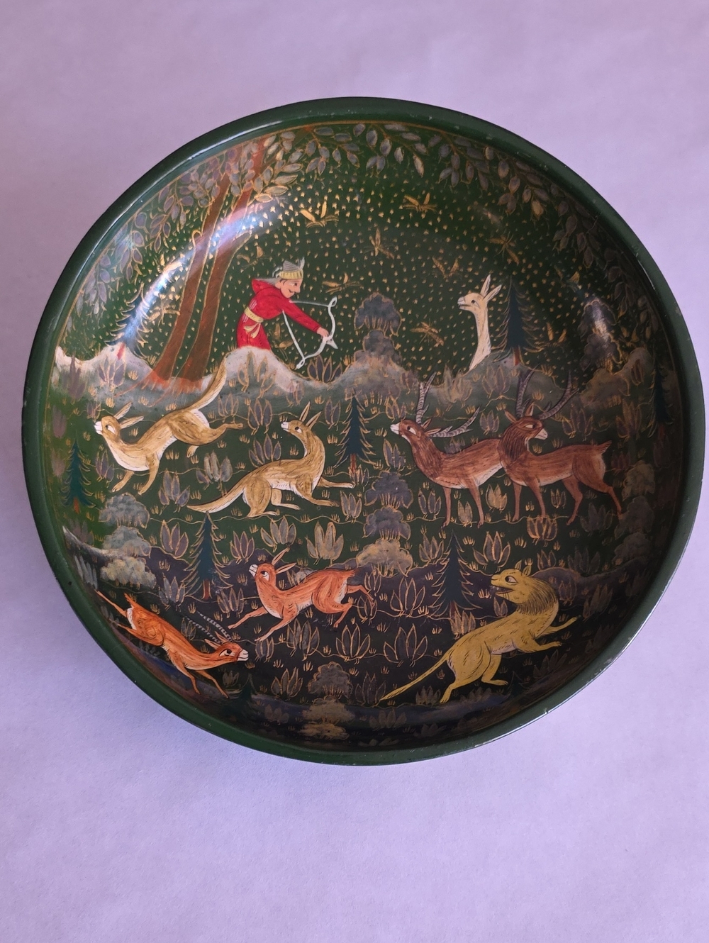 Vintage 6" Kashmiri Papier-Mache Decorative Hand-Painted Hunting Scene Bowl